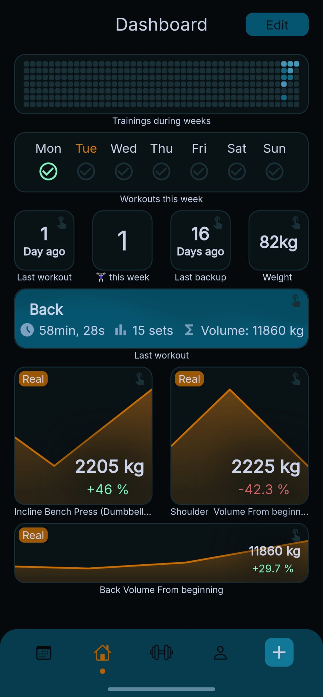 Dashboard of the Strive fitness app displaying workout statistics, including workout duration, types of exercises, and progress tracking for various muscle groups. Strive workout log review 
